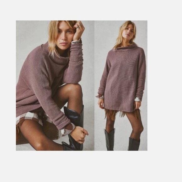 Free People Sweaters - Free People Large Ottoman Slouchy Ribbed Mock Neck Sweater Tunic In Nutmeg X